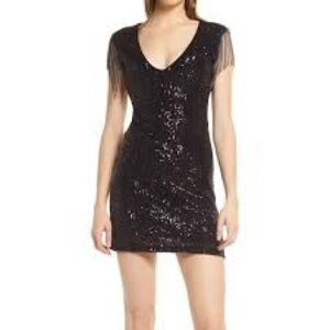 Betsey Johnson Black Sequin Mini Dress with Chain Fringe - Size Large